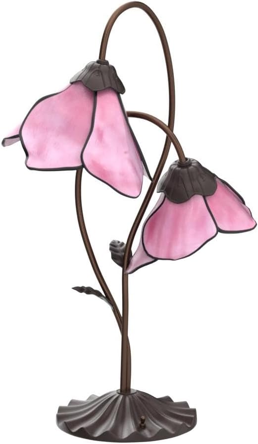 Bieye L10811 Flower Tiffany Style Stained Glass Table Lamp with 8-inch Wide Bent Glass Lampshade Lily Pad Base (2-Light, Pink)