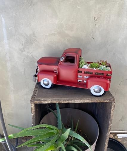 Metal Truck Decor,Farmhouse Truck Decor,Decorative Tabletop Storage & Pick-up Metal Truck Planter, 12.5" x 5.75" x 6.25" inches (Red)