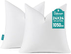 Oubonun 24 x 24 Down Feather Throw Pillow Inserts - Fluffy and Plush Odor-Free Fill - 100% Breathable Cotton Fabric for Couch Sofa Bed, White, Pack of 2
