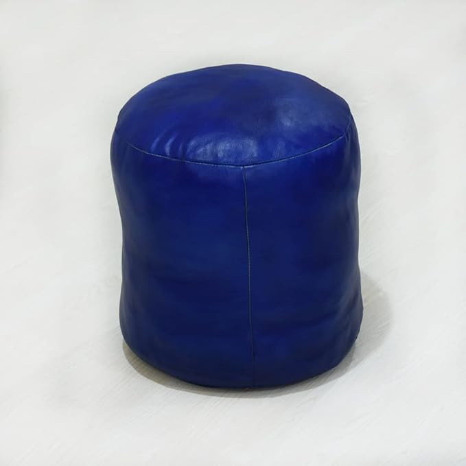 Round Shaped Goat Leather Handmade Eco-Friendly Blue Pouf - 16" x 16" x 16", Plain Solid, Recycled Foam With Fibre Fill Stuffed, Leather Seating PF12