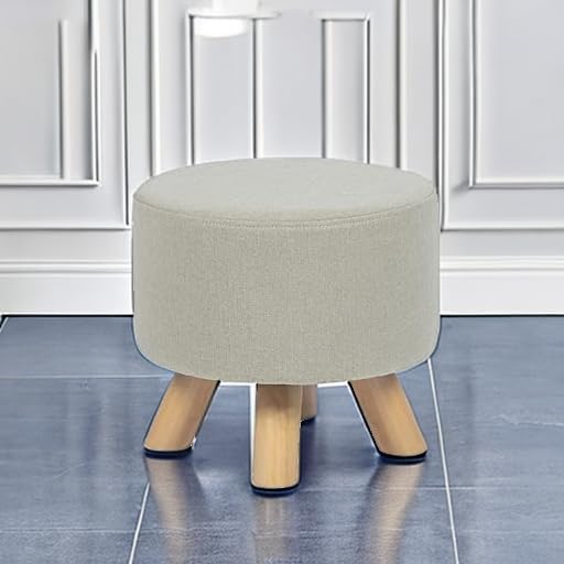 Asense Small Round Ottoman Foot Rest Stool Fabric Padded Seat Footstool Ottoman with Wooden Legs (Beige Grey,Fabric)
