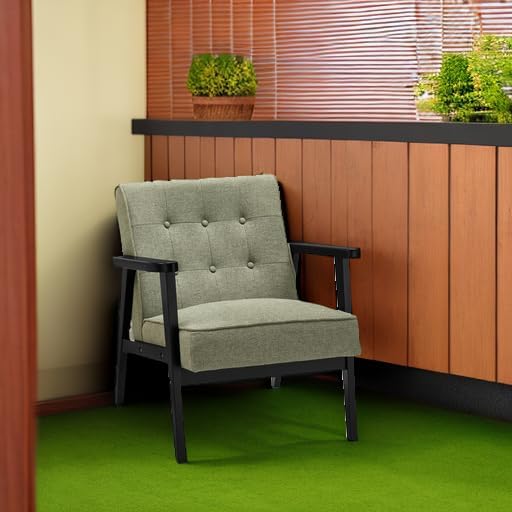 SONGMICS Accent Leisure Chair, Mid-Century Modern Arm Chair with Solid Wood Armrests and Legs, 1-Seat Cushioned Sofa for Living Room Bedroom Balcony Studio, Olive Green ULAC001C01