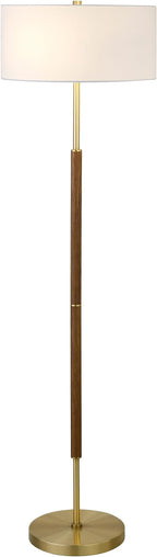 Henn&Hart 2-Light Floor Lamp with Fabric Shade in Rustic Oak/Brass/White, Floor Lamp for Home Office, Bedroom, Living Room