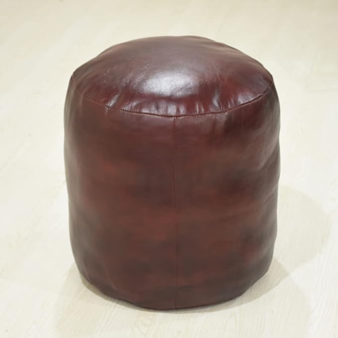 Round Shaped Goat Leather Handmade Eco-Friendly Cherry Pouf - 16" x 16" x 16", Plain Solid, Recycled Foam With Fibre Fill Stuffed, Seating PF12