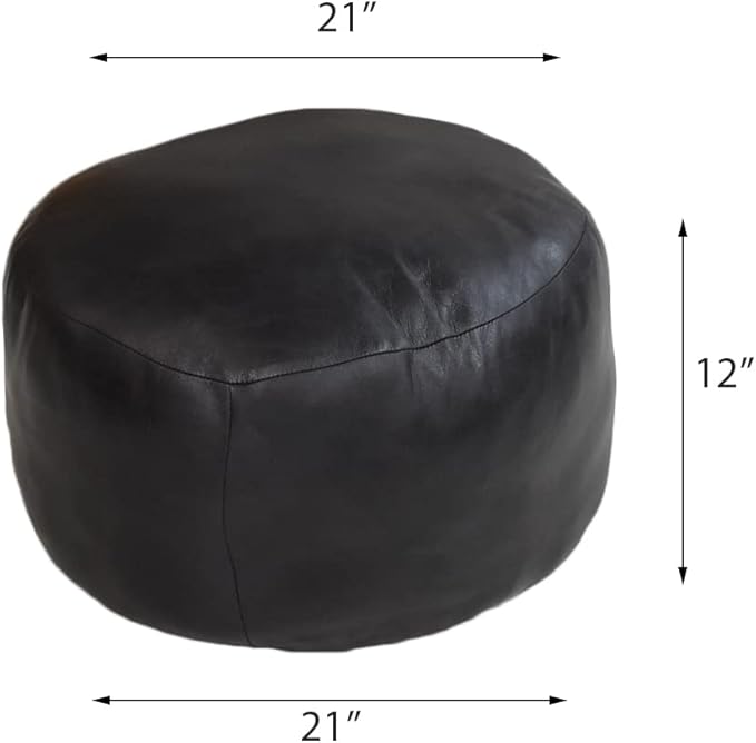 PF12 Goat Leather Handmade Eco-Friendly Black Pouf - Round Shape, 21" x 21" x 12", Plain Solid, Recycled Cotton Filled
