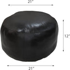 PF12 Goat Leather Handmade Eco-Friendly Green Pouf - Round Shape, 14" x 14" x 14", Plain Solid, Recycled Cotton Filled