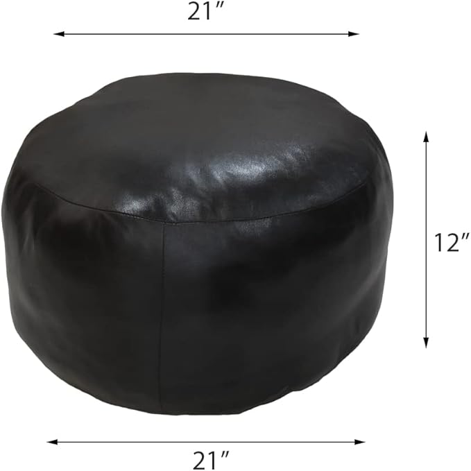 PF12 Goat Leather Handmade Eco-Friendly Green Pouf - Round Shape, 14" x 14" x 14", Plain Solid, Recycled Cotton Filled