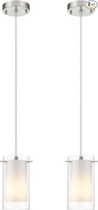 Modern Glass Pendant Light 2 Pack, Adjustable Hanging Pendant Lighting Kitchen Lights Island Dining Room Bathroom Bar, Brushed Nickel Finish