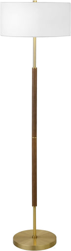 Henn&Hart 2-Light Floor Lamp with Fabric Shade in Rustic Oak/Brass/White, Floor Lamp for Home Office, Bedroom, Living Room