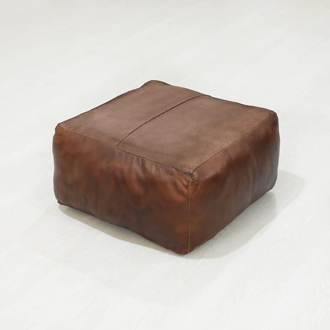 Square Shaped Goat Leather Handmade Eco-Friendly Brown Pouf - 21" x 21" x 12", Plain Solid, Recycled Foam with Fibre Fill Stuffed, Seating Pouf PF12