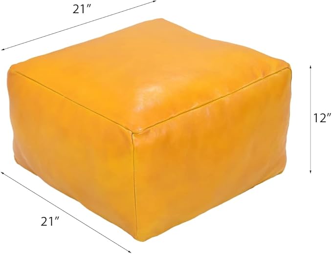 PF12 Square Goat Leather Handmade Eco-Friendly Mustard Pouf - 21" x 21" x 12", Plain Solid, Recycled Foam with Fibre Fill Stuffed