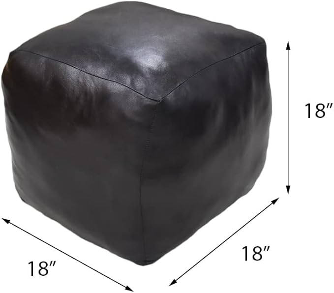 Square Shaped Goat Leather Handmade Eco-Friendly Black Pouf - 18" x 18" x 18", Plain Solid, Recycled Cotton Filled Stuffed Seating PF12