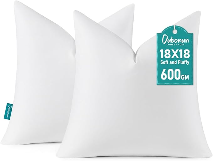 Oubonun 18 x 18 Down Feather Throw Pillow Inserts - Fluffy and Plush Odor-Free Fill - 100% Breathable Cotton Fabric for Couch Sofa Bed, White, Pack of 2