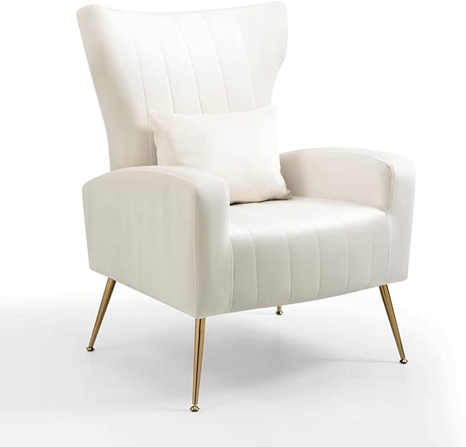 X-VOLSPORT Velvet Accent Chair, Mid Century Modern High Back Living Room Chair with Waist Pillow, Upholstered Arm Chair with Metal Gold Legs for Bedroom, Club, White