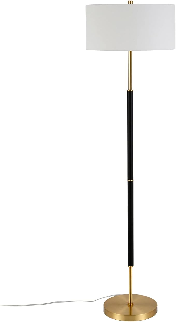 Henn&Hart 2-Light Floor Lamp with Fabric Shade in Matte Black/Brass/White, Floor Lamp for Home Office, Bedroom, Living Room, 61" Tall