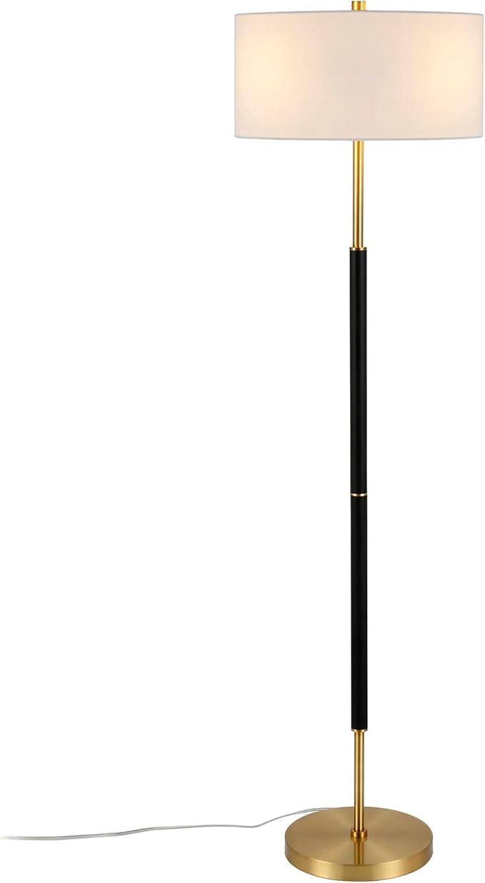 Henn&Hart 2-Light Floor Lamp with Fabric Shade in Matte Black/Brass/White, Floor Lamp for Home Office, Bedroom, Living Room, 61" Tall