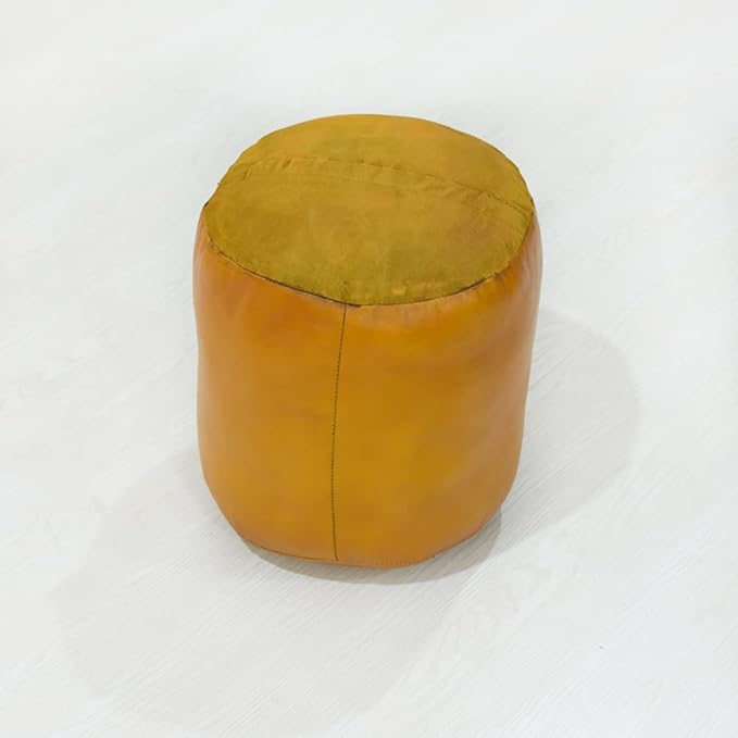 PF12 Goat Leather Handmade Eco-Friendly Mustard Pouf - 14" x 14" x 14", Solid Pouf, Recycled Foam with Fibre Fill Stuffed
