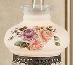 Touch of Class Brook Floral Handpainted Hurricane Table Lamp White Floral Motifs - Metal Base, Glass Shade, Scalloped Edges - Vintage Bedroom Aesthetic - Victorian Style Parlor Lamps for Bedroom