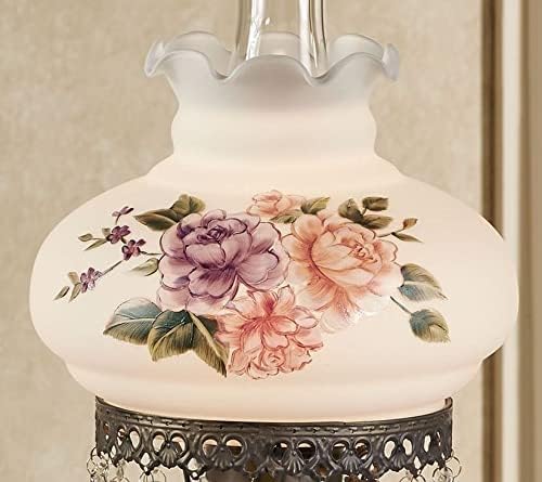 Touch of Class Brook Floral Handpainted Hurricane Table Lamp White Floral Motifs - Metal Base, Glass Shade, Scalloped Edges - Vintage Bedroom Aesthetic - Victorian Style Parlor Lamps for Bedroom