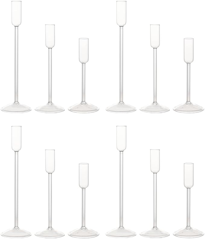 Candle Holder, Glass Taper Candle Tall Candlestick Holder, 3 Different Heights, for Table Centerpiece, Wedding, Party, Clear, 12pcs