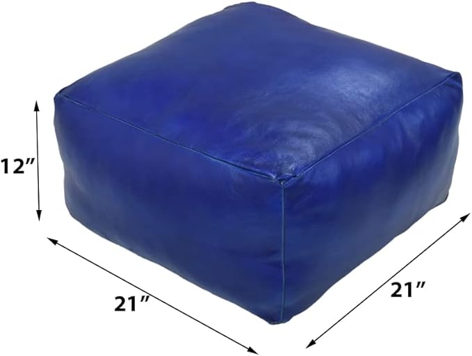 Square Shaped Goat Leather Handmade Eco-Friendly Blue Pouf - 21" x 21" x 12", Plain Solid, Recycled Foam with Fibre Fill Stuffed, Seating Pouf PF12
