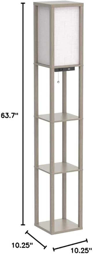OUTON Floor Lamp with Shelves, LED Shelf Floor Lamp with 1 USB & 1 Type C Ports, 1 AC Outlet, 3 Color Temperature, Storage Display Wood Column Tall Standing Lamp for Living Room, Bedroom Office, Grey