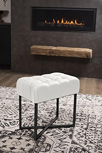BIRDROCK HOME Rectangular Tufted Foot Stool Ottoman with Soft Padded Cushion - Versatile Vanity Chair for Bedroom, Living Room, Bathroom - Compact Seating for Adults - Cream with Black Metal Legs