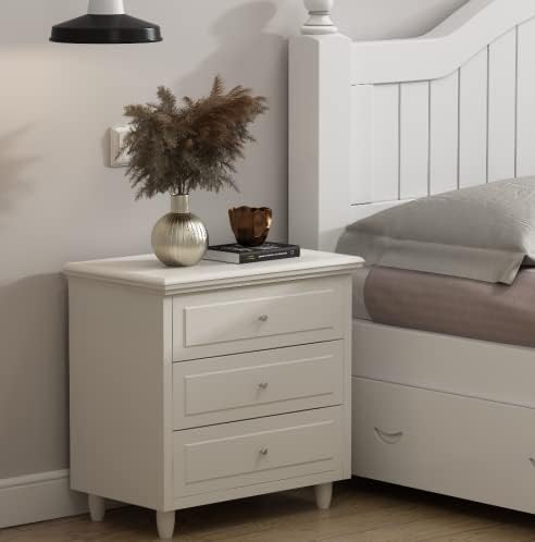 Lamerge White Nightstand with 3 Drawers,Sofa Side Table/End Table,Wooden Legs,Storage Cabinet for Bedroom, Living Room, 15.75" D x 21.65" W x 23.6" H, LWN3