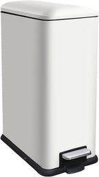12 Gallon Slim Kitchen Trash Can, Rectangular Trash Can with Removal Inner Bucket and Soft-Close Lid, Foot Pedal, Stainless Steel Garbage Can 45 Liter, White