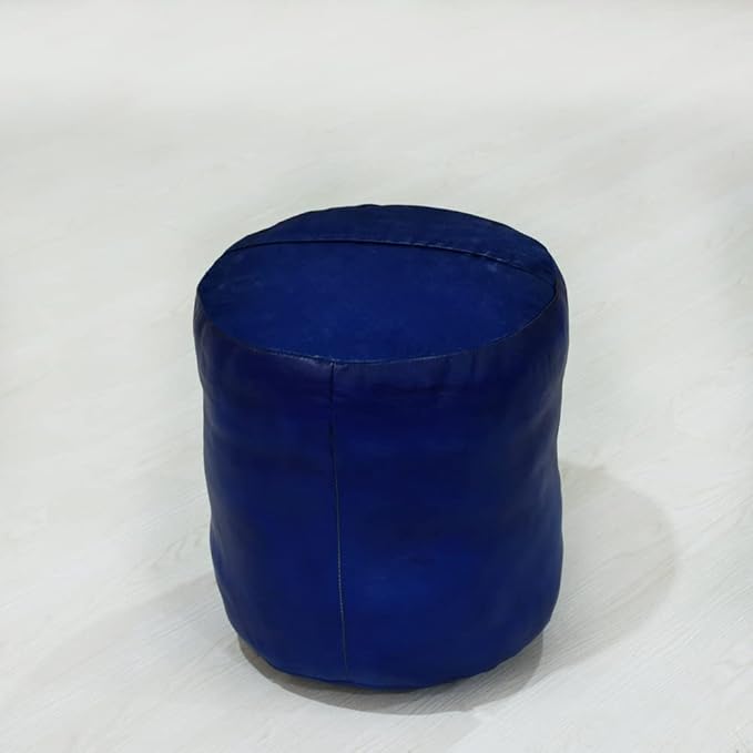 Round Shaped Goat Leather Handmade Eco-Friendly Blue Pouf - 16" x 16" x 16", Plain Solid, Recycled Foam With Fibre Fill Stuffed, Leather Seating PF12