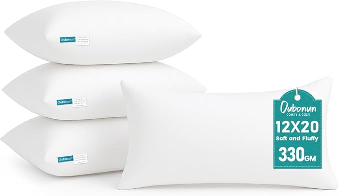 Oubonun 12 x 20 Throw Pillow Inserts - Soft, Plush & Decorative Down Alternative Pillows for Couch Sofa Bed, Machine Washable - White, Pack of 4