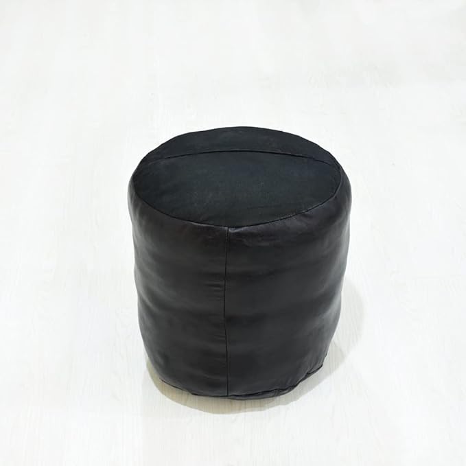 Round Shaped Goat Leather Handmade Eco-Friendly Black Pouf - 16"x16"x16", Plain Solid, Recycled Foam With Fibre Fill Stuffed, Leather Seating PF12