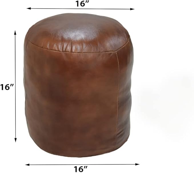 Round Shaped Goat Leather Handmade Eco-Friendly Brown Pouf - 16"x16"x16", Plain Solid, Recycled Foam With Fibre Fill Stuffed, Leather Seating PF12