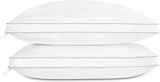 Globon Luxury Feather Down Pillow, Low Soft Fluffy Pillow Standard Queen Size, Gusseted Bed Pillows for Sleeping, Hotel Collection Pillows 18"X26", Set of 2