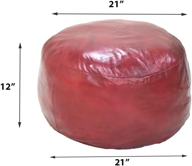 PF12 Round Shaped Goat Leather Handmade Eco-Friendly Dark Pink Pouf - 21" x 21" x 12", Plain Solid, Recycled Foam with Fibre Fill Stuffed