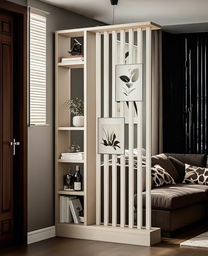 Wall Room Divider, Storage Cabinet Storage Display with Shelves, Modern Freestanding Wood Room Divider Screen, Wall Privacy Screens for Home Decorative (Beige+White,39.5" L x 9.5" W x 79.5" H)