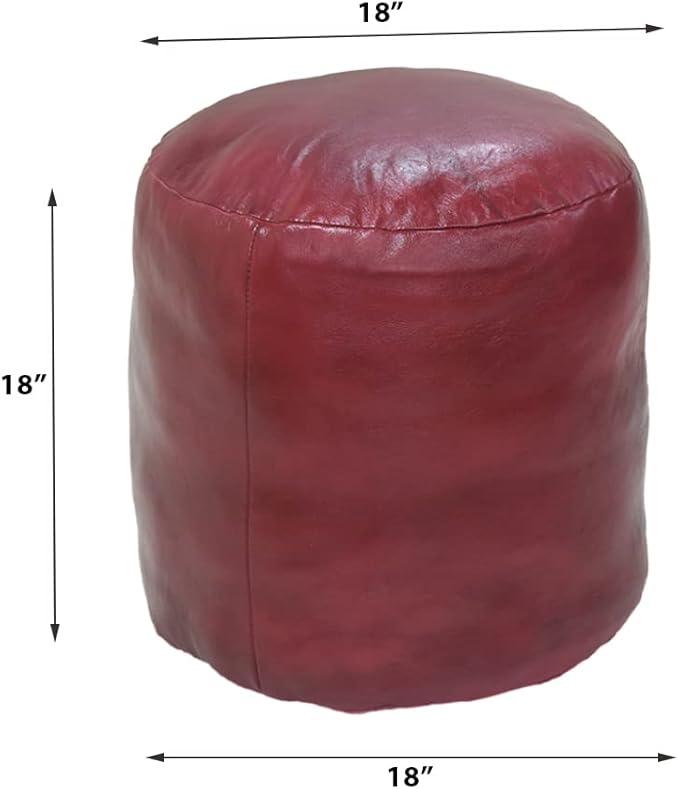 Round Shaped Goat Leather Handmade Eco-Friendly Dark Pink Pouf - 18" x 18" x 18", Plain Solid, Recycled Foam With Fibre Fill Stuffed, PF12