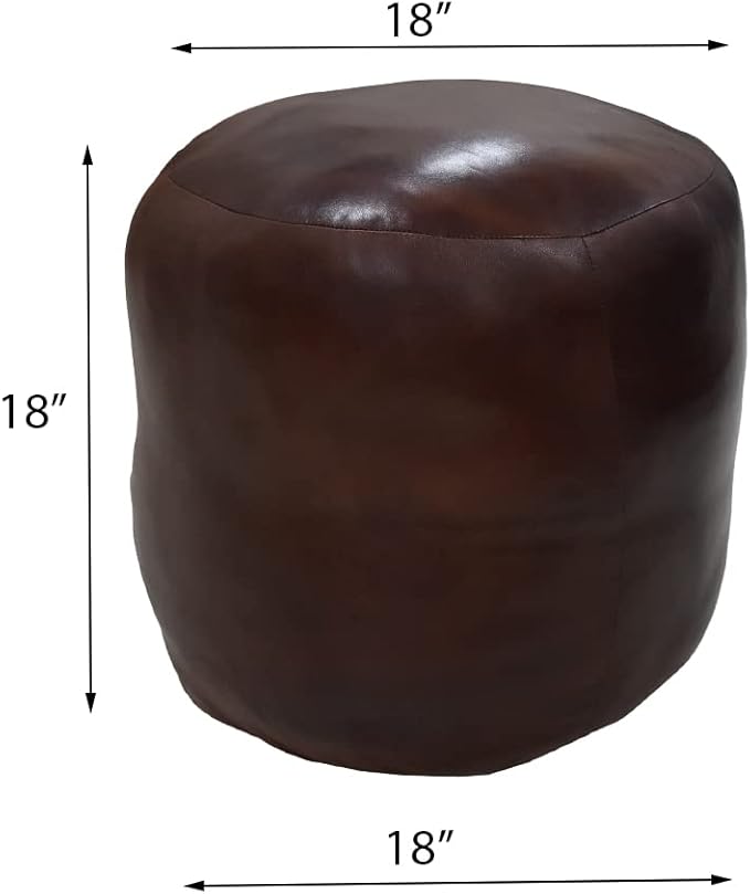 Round Shaped Goat Leather Handmade Eco-Friendly Brown Pouf - 18" x 18" x 18", Plain Solid, Recycled Cotton Filled Stuffed Leather Seating PF12