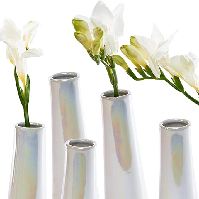 Chive - Set of 6 Galaxy, 1.5" in Wide 5.5" Tall Small Cylinder Ceramic Bud Flower Vase, Unique Single Flower Decorative Floral Vase for Home Decor, Bulk (Pearl White)