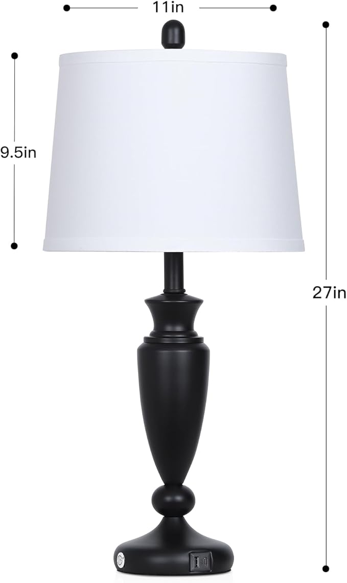 27'' Black Table Lamps Set of 2, 3 Way Touch Control Living Room Lamps with USB A+C Ports, Modern Bedside Lamps, Elegant Metal Nightstand Lamps for Bedroom Office End Table Decoration