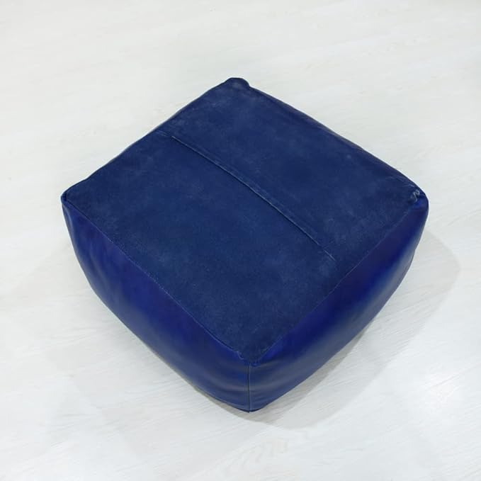 Square Shaped Goat Leather Handmade Eco-Friendly Blue Pouf - 21" x 21" x 12", Plain Solid, Recycled Foam with Fibre Fill Stuffed, Seating Pouf PF12