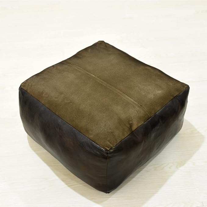 Square Shaped Goat Leather Handmade Eco-Friendly Chocolate Brown Pouf -Square Pouf, 21"x21"x12", Plain Solid Pouf, Goat Leather Pouf, Recycled Foam with Fibre Fill Stuffed Pouf, Leather Pouf PF12