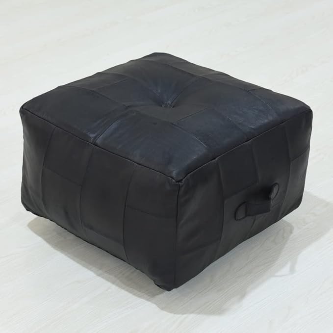 Square Shaped Buffalo Leather Handmade Eco-Friendly Black Pouf - Square Pouf, 21" x 21" x 12", Geometric Pouf, Buffalo Leather Pouf, Recycled Foam with Fibre Fill Stuffed Pouf, Seating Pouf PF25