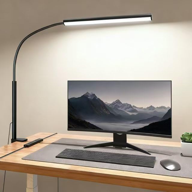 LED Desk Lamp with Clamp, Eye-Protection Clip on Desk Lamp, 5 Modes 10 Brightness Adjustment, 360°Flexible Gooseneck Lamp for Home Office, Lamps with USB Adapter，Black