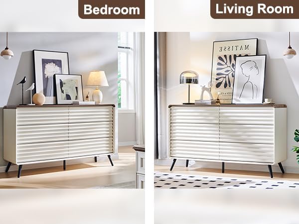 RedLemon 6 Drawers Dresser for Bedroom, 54'' Wide Mid Century Modern Wood Fluted Double Dresser, Chest of Drawers with Tapered Leg for Bedroom, Living Room, Hallway, Closet, Antuique White