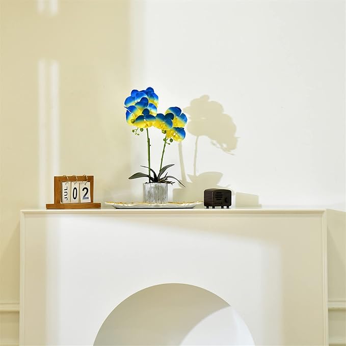 Artificial Potted Orchid Faux Phalaenopsis Silk Flowers Bonsai Realistic Arrangement in Silver Vase for Home Decoration Table Centerpiece, Blue/Yellow