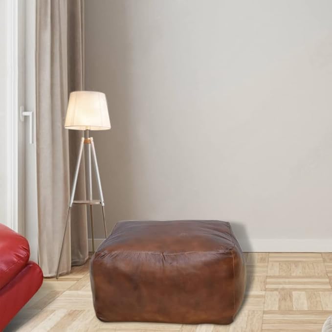 Square Shaped Goat Leather Handmade Eco-Friendly Brown Pouf - 21" x 21" x 12", Plain Solid, Recycled Foam with Fibre Fill Stuffed, Seating Pouf PF12