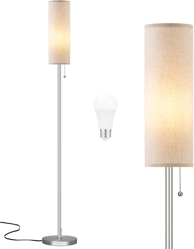 Ambimall Floor Lamp for Living Room with 3 Color Temperatures Bulb, 64" Standing lamp with Linen lampshade for Bedroom, Minimalist Pole Lamp, Beige Shade & Silver Pole