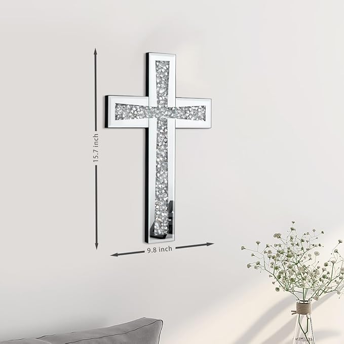 Aeveco Silver Mirrored Wall Cross 15×10 inch, Crystal Crush Diamond Cross for Wall, Living Room, Bedroom, Home Decor