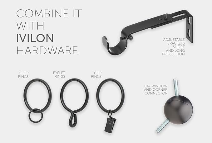 Ivilon Drapery Window Curtain Rod - End Cap Style Design 1 Inch Pole. 28 to 48 Inch Color Black